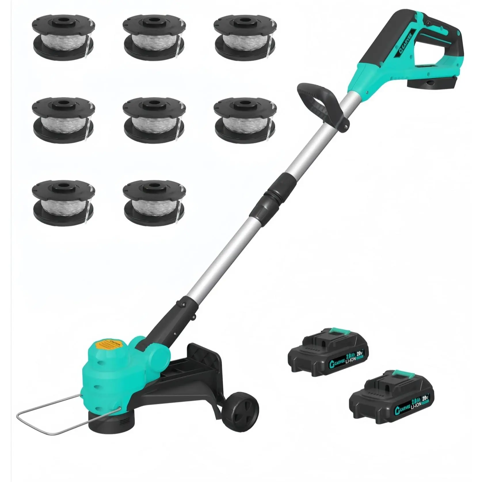 【GARVEE】20V Cordless Powered Grass Trimmer and Edger - 12in Weedwacker, 2x2.0Ah Batteries, Fast Charging, 8 Spool Lines, Wheels - 2-in-1 Tool for Lawn Trimming & Garden Use
