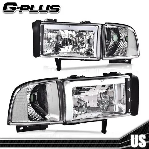 LED DRL Chrome Housing Headlight Clear Corner Fit For 94-02 Dodge Ram 1500 2500 G-PLUS