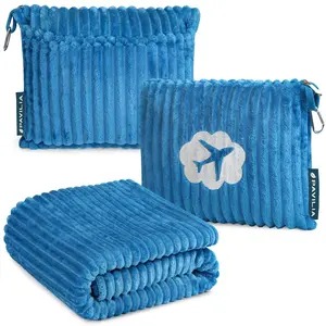 PAVILIA Travel Blanket Pillow, Airplane Blanket Set in Soft Bag with Pockets, Plane Blanket Compact Packable, Flight Essentials Car Pillow, Travelers Accessories Gifts, Luggage Strap - 65x40 inches