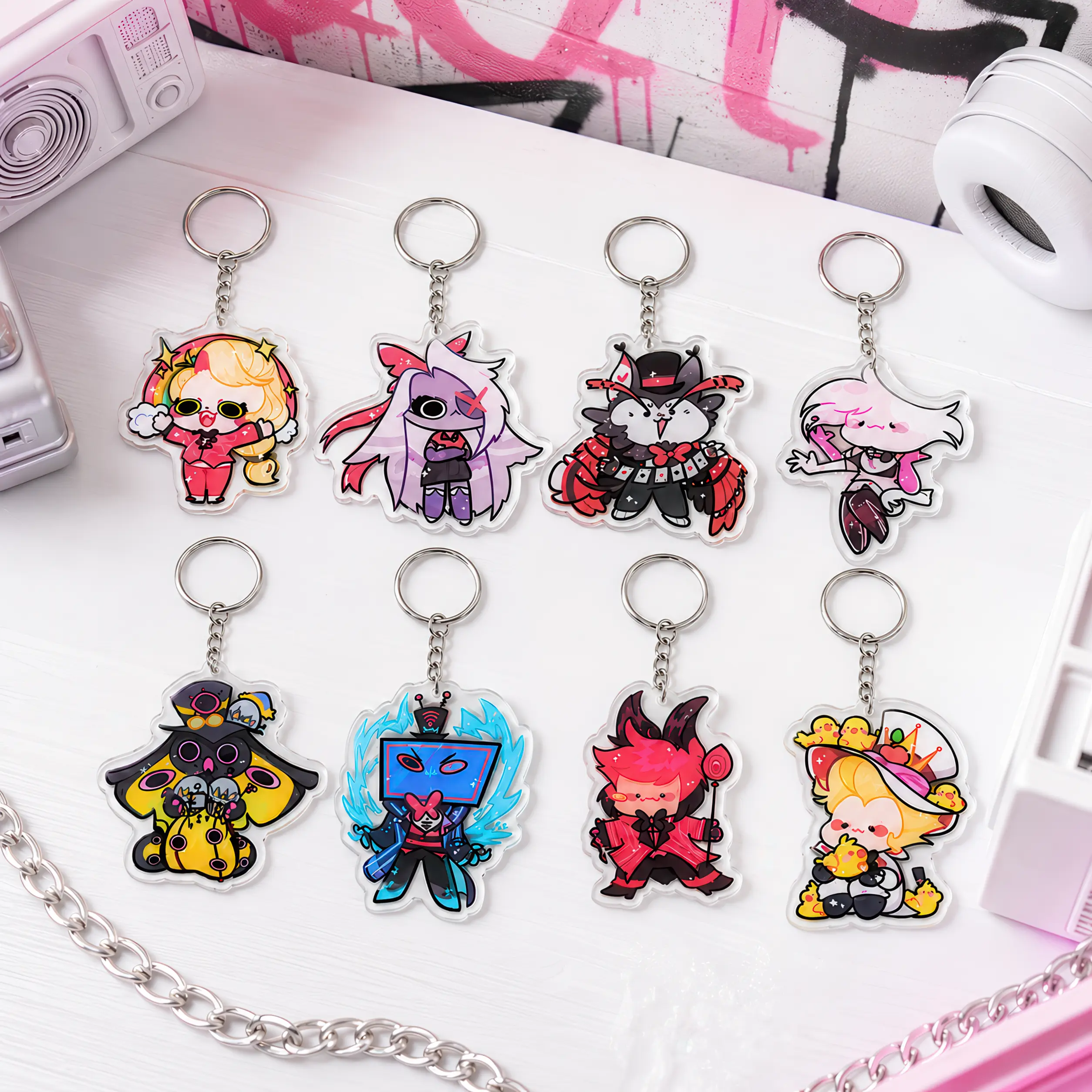 Hazbin Hotel Inspired Keychain ft Charlie, Vaggie, Alastor, Lucifer, Angeldust, Husker, Sir Pentious, Vox