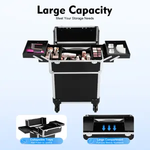 Professional Rolling Makeup Case Travel Cosmetic Trolley with Keys Large Capacity Storage Organizer for Makeup Artists Hairstylists Nail Tech Tools Portable Aluminum Alloy
