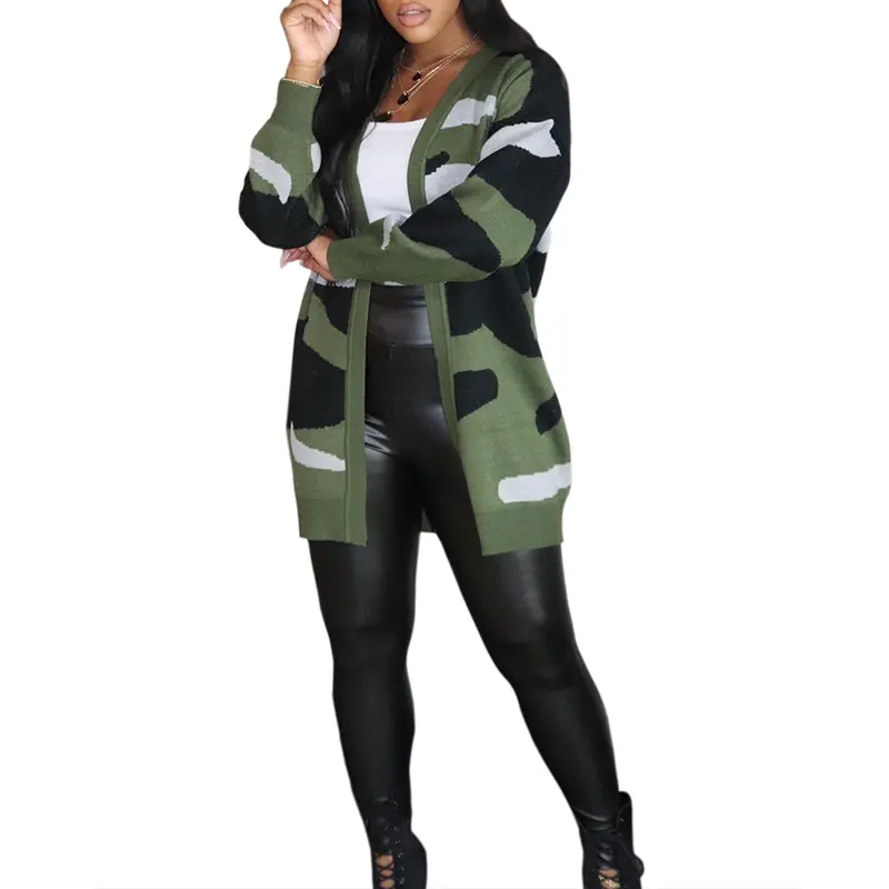 Women's Camo Print Cardigan Sweater Long Sleeve Color Block Loose Fit Autumn/Winter Lightweight Flowy Knitted Cardigan, Women Fall Outfit