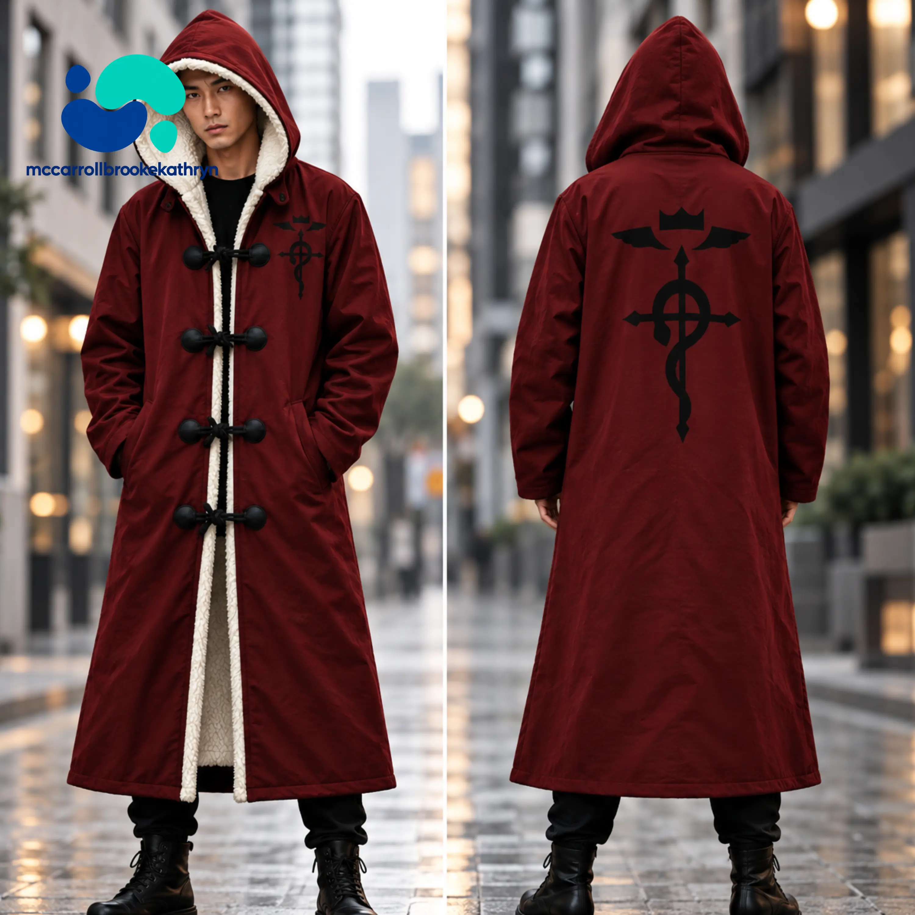 Men's Akatsuki Inspired Long Hooded Trench Coat, Black Red Cloud Graphic Cloak with Soft Fleece Lining, Unisex Anime Cosplay Jacket, Toggle Button Closure, Oversized Gothic Streetwear Winter Coat, Halloween Outfit