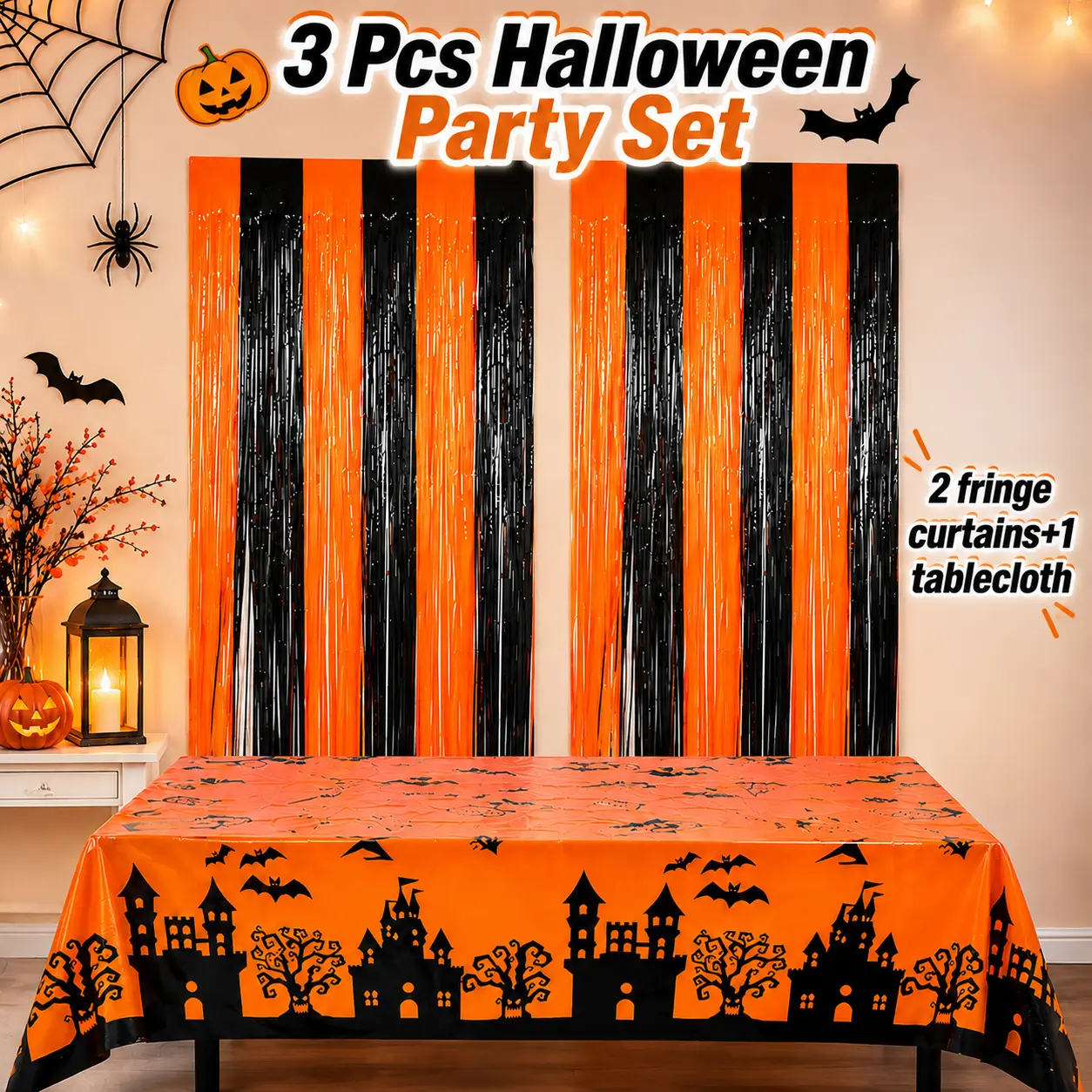 3-Piece Halloween Party Decoration Set, 2 Orange & Black Foil Fringe Curtains and 1 Halloween Tablecloth, Spooky Party Backdrop and Table Cover for Halloween Party, Home, Birthday & Photo Booth Decor