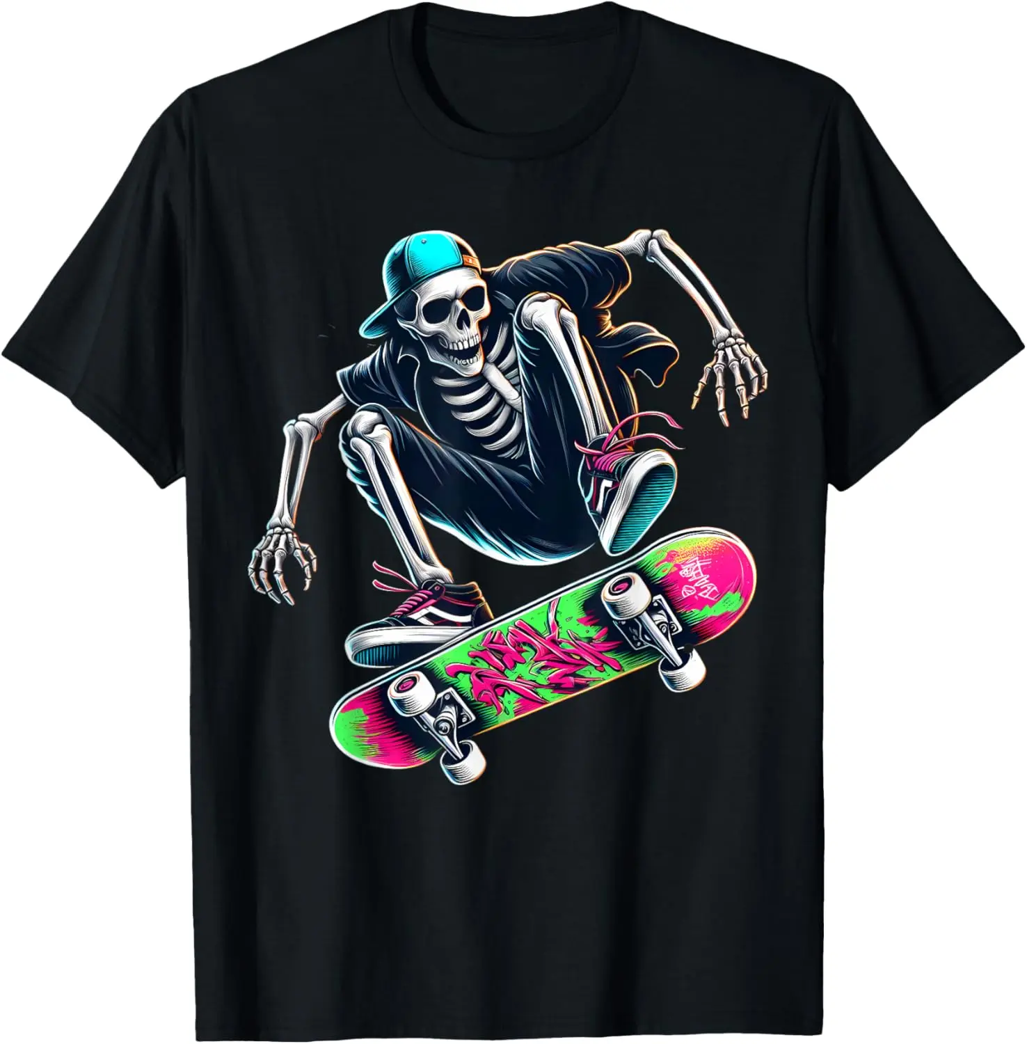 Casual Streetwear T-Shirt with Skater Skeleton Graphic, Unisex Distressed 100% Cotton Short Sleeve Round Neck Top, Shortsleeve, Tshirt, Vintage, Menswear