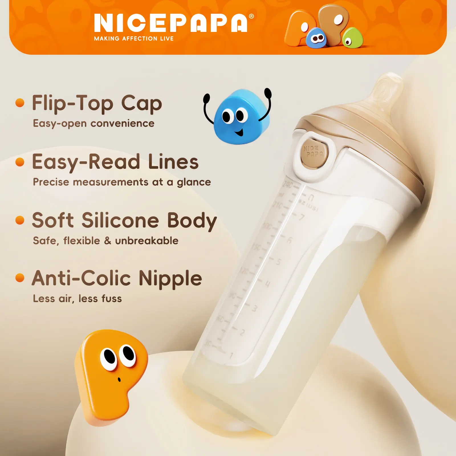 NICE PAPA Leak-Proof Anti-Colic Baby Bottle for Newborns - BPA-Free Silicone, Wide Neck for Easy Cleaning, Flip-Top Cap, Easy-Read Measurement Marks, Outdoor Nursing Feeding