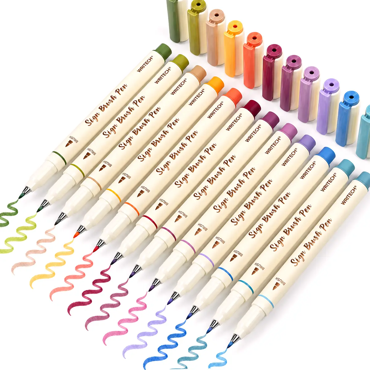 WRITECH Vintage Arts Sign Brush Pen Set - 12 Water Based Ink Markers Perfect for Crafting, Journaling and Calligraphy