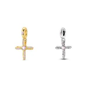 MULA 925 silver-plated Gold Plated Cross Pendant with Pink CZ Heart - Religious Christian Faith Beads, Compatible with Pandora Bracelets and Necklaces - Christening, Easter, Christmas Gift