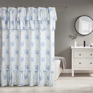 Floral Pattern Ruffle Shower Curtain Handcrafted Big Bow Tie Bath Curtain for Master Bathroom With 12 Hooks Shower Curtain For Bathrooms Waterproof Quick Drying Machine Washable Home Bathroom Decor Shower Curtain Sets for Bathroom