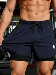 Men's Fitness 2-In-1 Running Shorts, New Lining, Anti-Slip Sports Design, Waistband 12-18 Cm, Suitable for Gym Outdoor Training