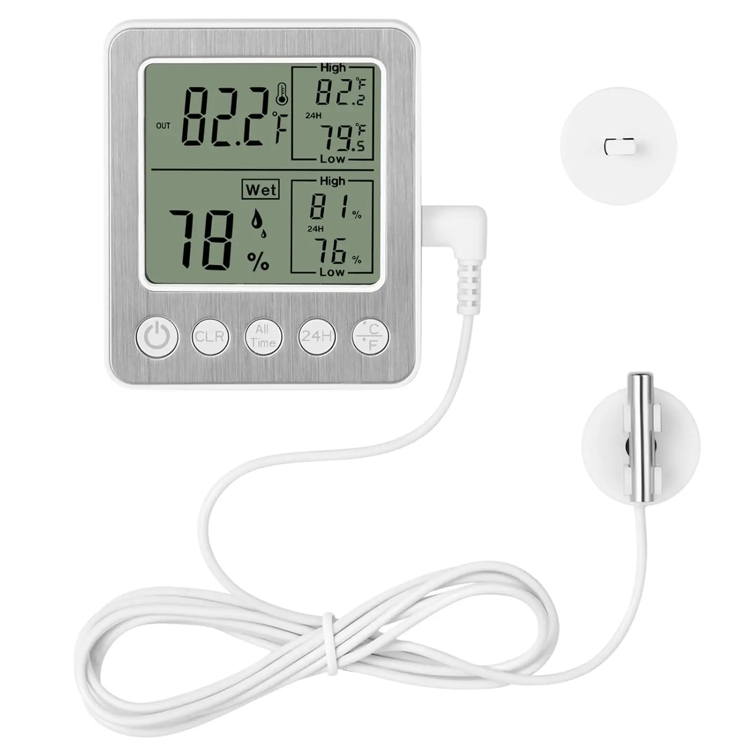 White Digital Refrigerator Freezer Kitchen Thermometer-Hygrometer with Extra Sensor, LED Display, 24-Hour & All-Time Max/Min Memory, Reptile Tank Compatible (zz20)
