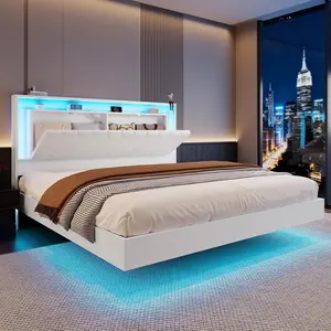 [Summervibes]Belffin King Bed Frame with Headboard, White Size Bed Frame with Charging Station & Led Lights, Pu Leather Upholstered Headboard W/ 2-Tier Storage Shelves, No Box Spring Needed, Metal Slat Support, Solid and Stable
