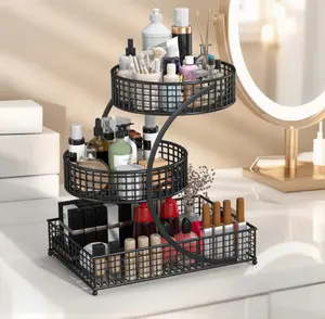 3-Tier Black Metal Makeup Organizer, Countertop Skincare & Perfume Storage Holder, Bathroom Vanity & Dresser Cosmetic Display Shelf for Home
