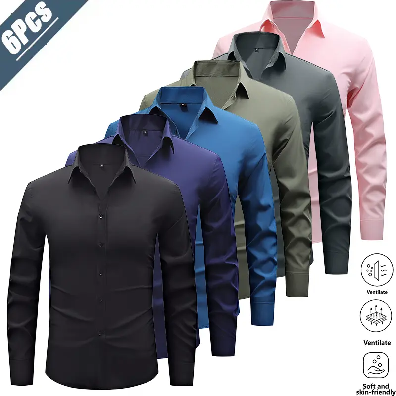 Men’s 6-Pack Business Formal Long-Sleeve Dress Shirts, Light‑Mature Office Commuter Style, Skin‑Friendly Breathable Wrinkle‑Resistant Non‑Iron Fabric Easy to Care For and Maintain Shape, Classic Lapel Single‑Breasted Design Simple and Elegant, Slim Fit Fl