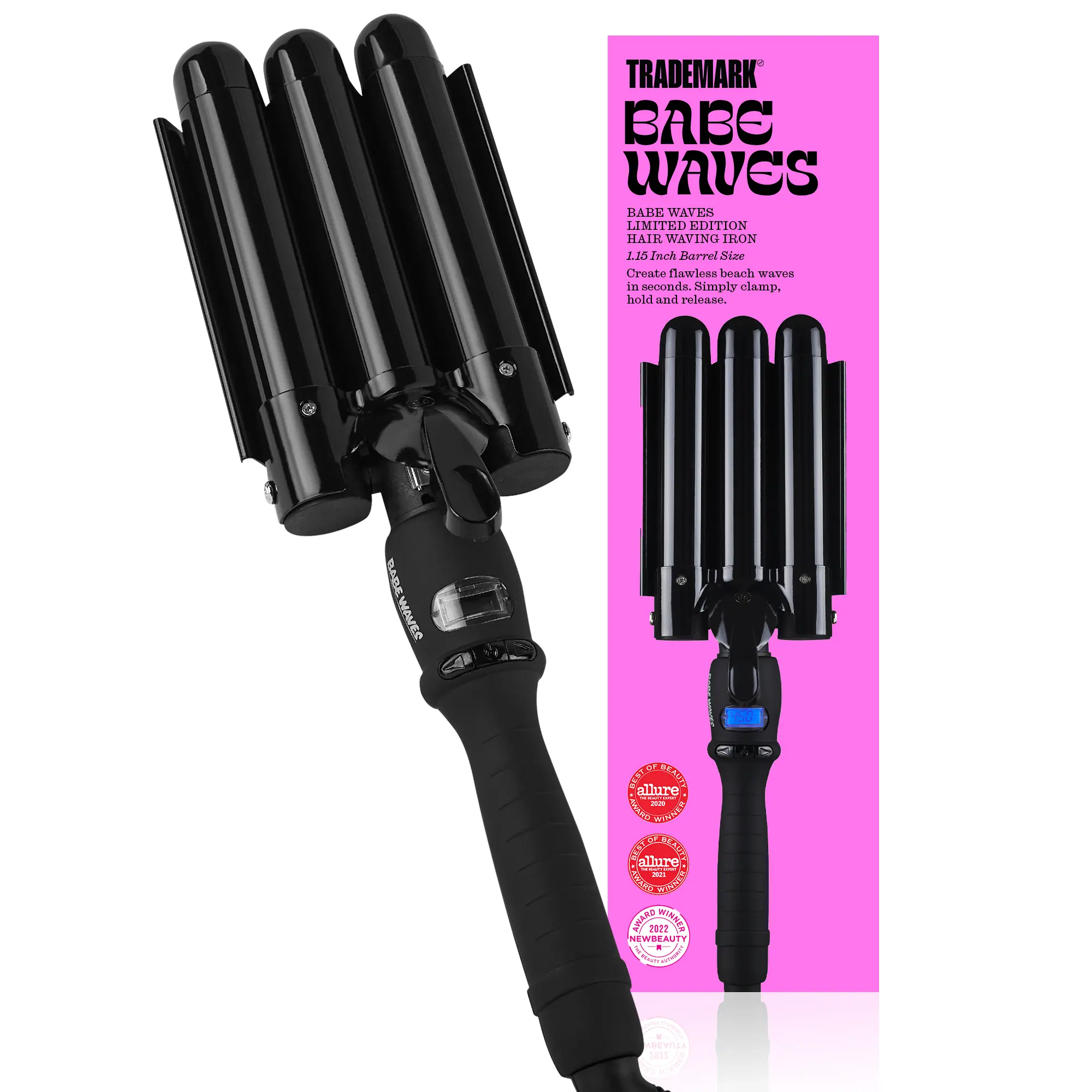 Trademark Babe Waves 3 Barrel Hair Waver, 1.15 Inch Quick Heat, Adjustable Temperature Hair Curler, Curling Iron, Hair Styling Tools, 28mm Limited Edition Ceramic Wand, Black Handle