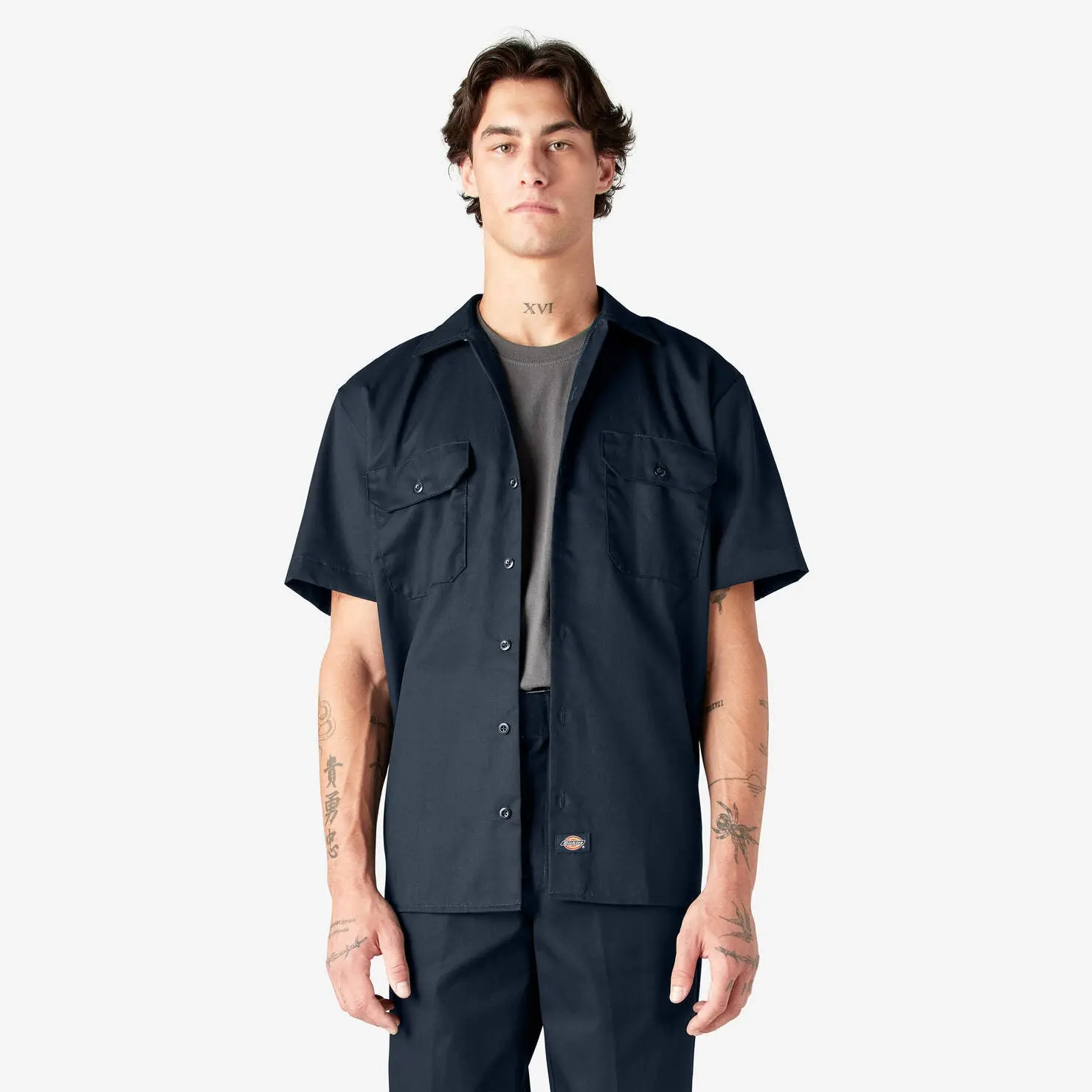 Dickies Men's Short Sleeve Classic Twill Work Shirt - Fitted Collared Neck, Secure Chest Pockets, Moisture-Wicking, Dark Navy (dn), WH, GH, BK, Summer Workwear Top, Button