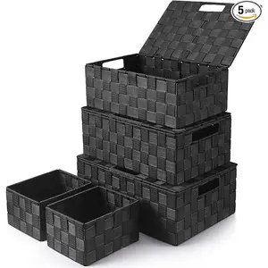 Storage Bins Baskets for Organizing with Lids, Storage Baskets for Shelves Stackable Woven Basket, Gift Small Basket Storage Cubes, Decorative Wicker Basket with Built-in Handles (5 Pack, Black)