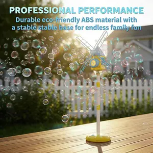 Windmill bubble machine for kids 3+. Music LED lights, adjustable height, auto bubbles. 50ML bubble liquid included, 4 AA batteries needed. Great for indoor outdoor parties & gifts.