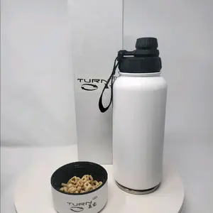 TURNIT 32 oz Stainless Steel Double Walled Wide Mouth Bottles with extra 8 oz Detachable Storage compartment for small items like protein powder, keys, vitamins or cash. Sport Lid (White) Water Bottles Drinkware Flasks Portable