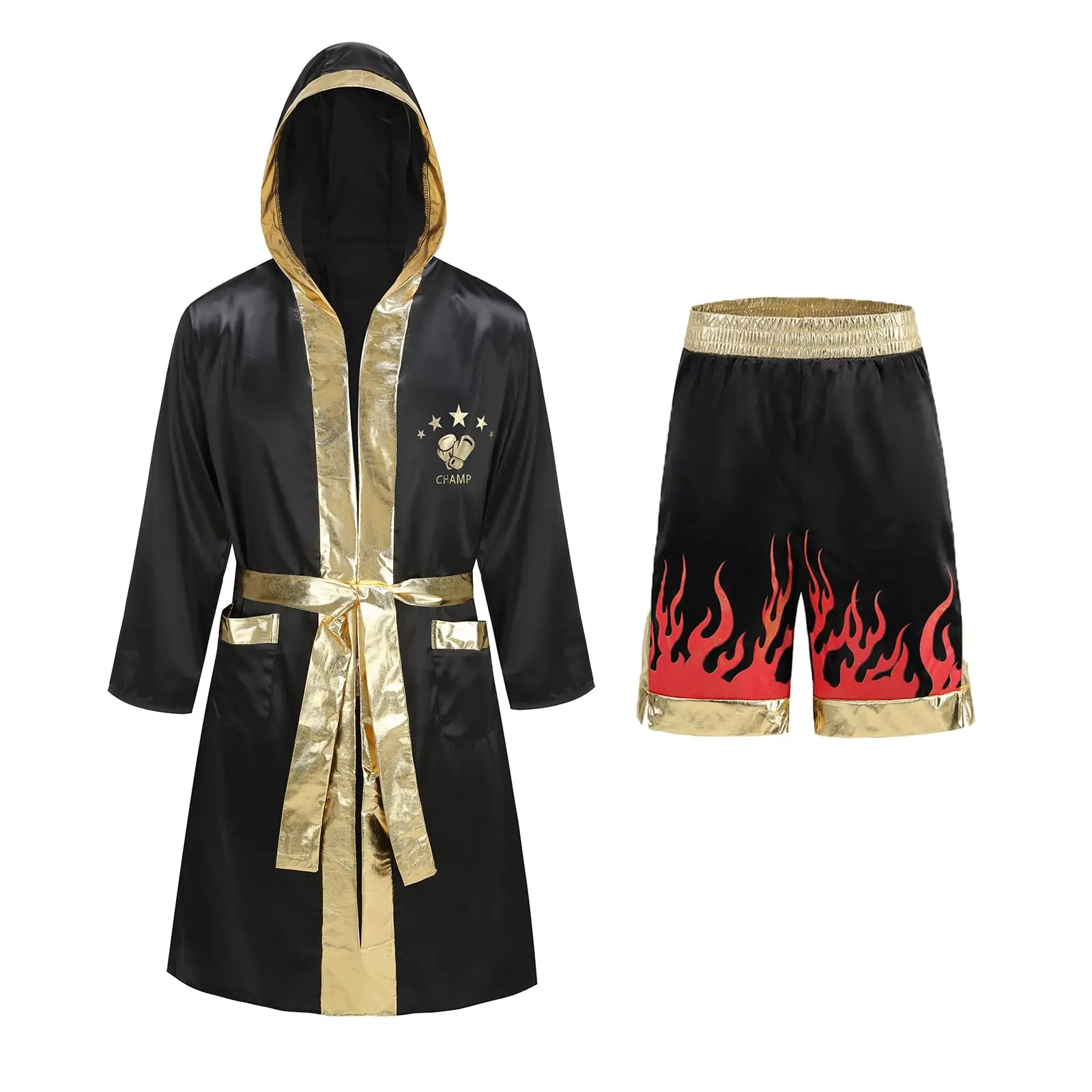Men's Satin Boxing Robe Costume Set with Shorts Belt, Adult Boxer Outfit for Halloween Party Cosplay
