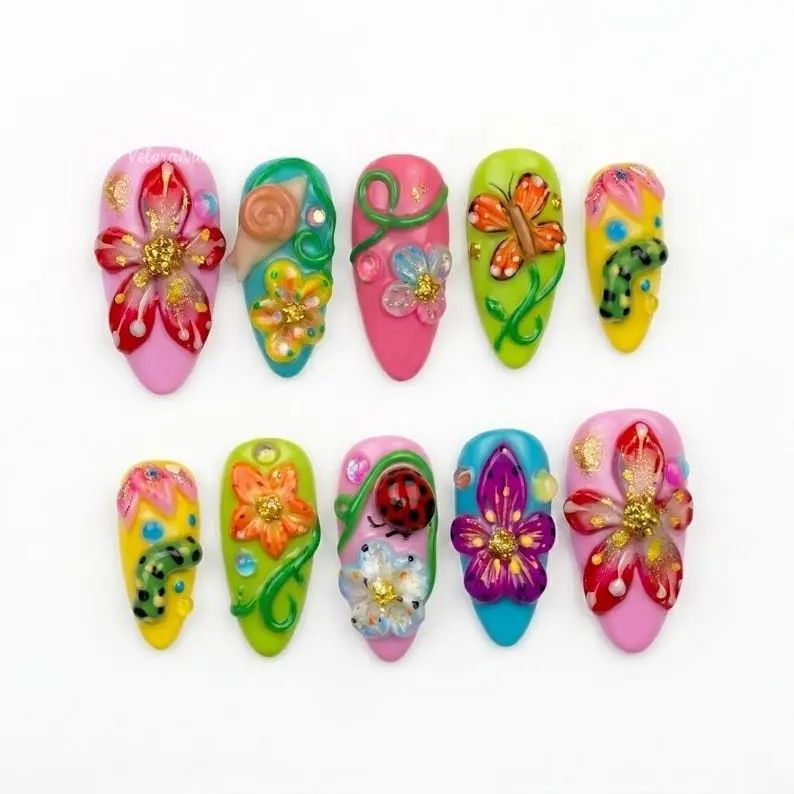 Whimsical Garden Kawaii Press On Nails 3D Floral Butterfly Art Bugcore Colorful