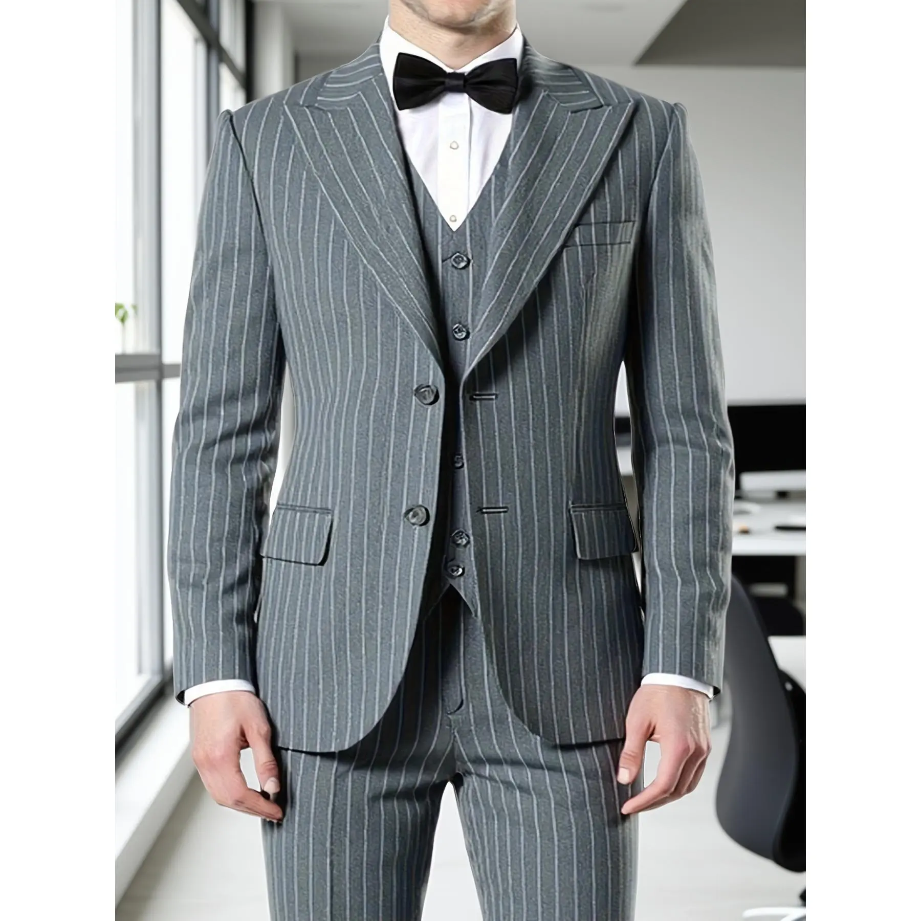 Men’s 3-Piece Pinstripe Formal Workwear Suit Set - Long-Sleeve Blazer, Vest, Pants - Formal Wear, Business Attire for Special Occasions, Ideal Gift Option, Rayon, Fitted, Button Front