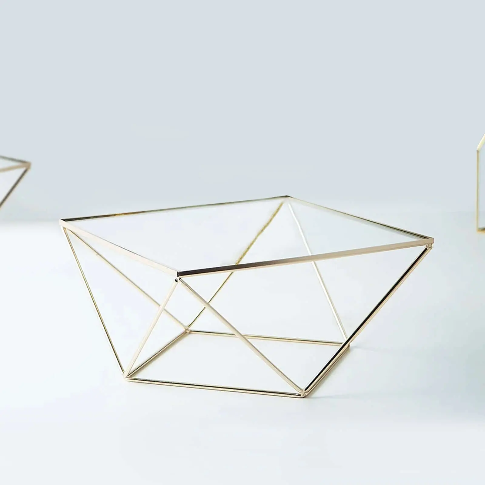 14 in Metal Cake Stand with Geometric Riser Pedestal, Gold Finish & Square Glass Top - Wedding Dessert Display Centerpiece