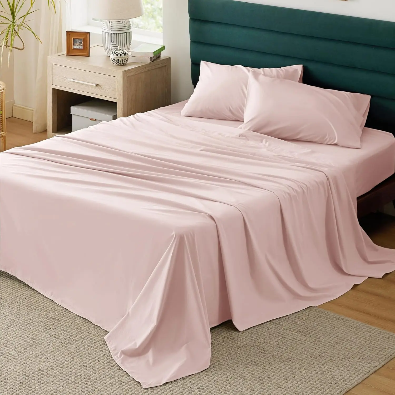 Full Size Bed 4-Piece Peach Pink Percale Weave Sheet Set - 100% Cotton, Light & Cooling, 16" Deep Pockets, Pillowcases Included, Machine Washable, OEKO-TEX Certified, Natural Wrinkles, Relaxed Look