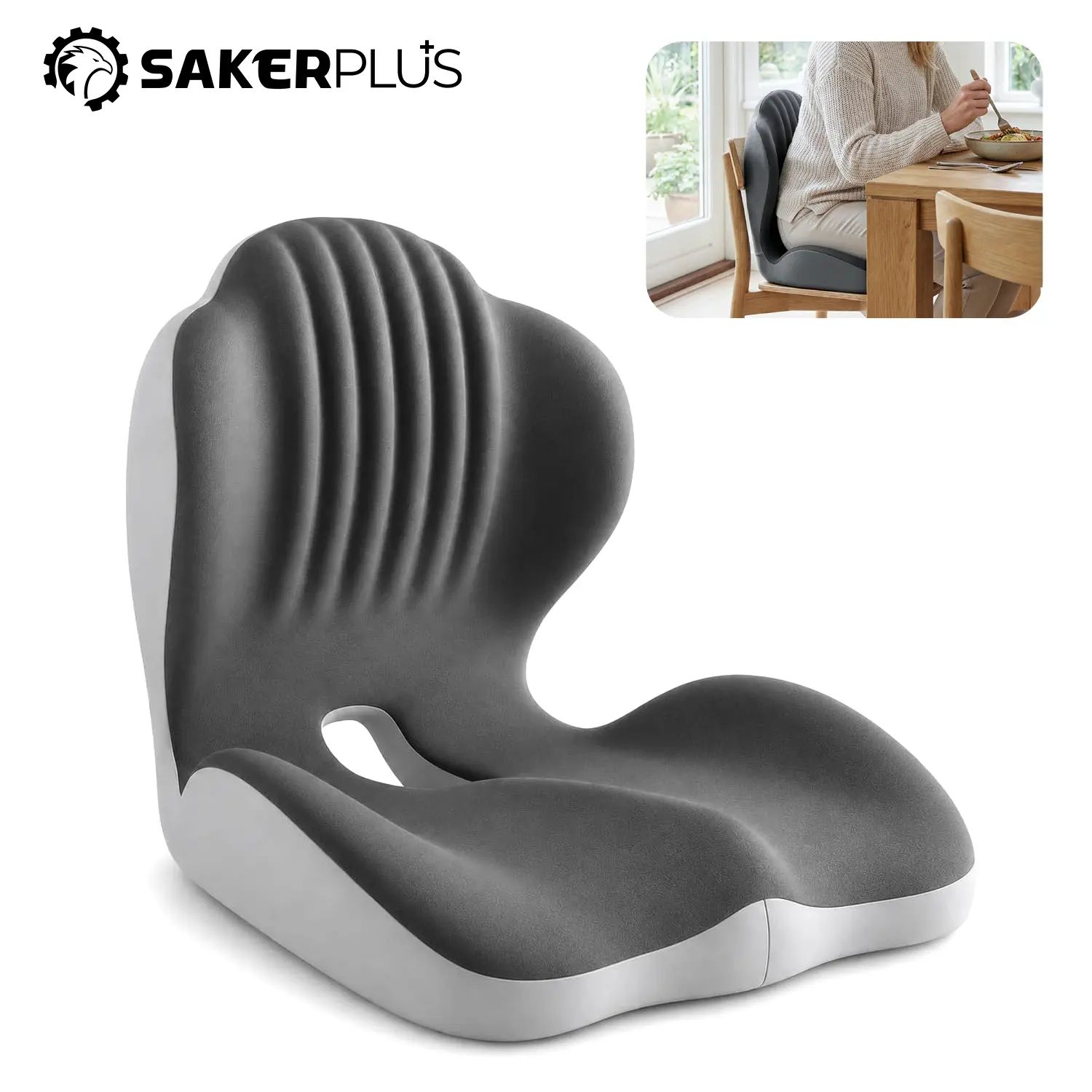 SakerPlus Ergonomic Memory Foam Seat Cushion with Lumbar Support, Back Pain Relief for Long-Sitting Users, Office Chair-Car Seat-Stool Furniture Accessory Thoughtful Gift for Parents