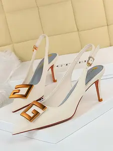 Modern Geometric Buckle Pointed Toe Stiletto Heels, Spring Summer Elegant High Heels, Patent Leather, Casual Office Commute Shoes, High Heel Sandals, Elegant Heeled Sandals