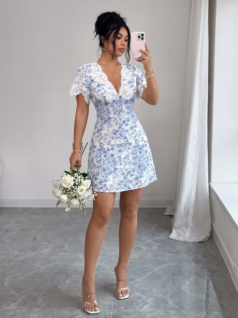 blue and white summer mini dress Sassy Shortcake Floral Cove Dress