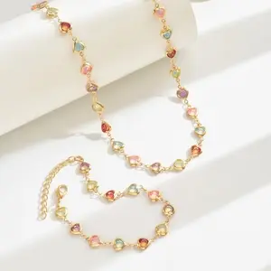 Gold Multicolor Heart Crystal Jewelry Set Rainbow Beaded Necklace & Bracelet Y2K Cute Gift for Women Elegance & Versatility