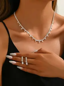 3-piece set of super sparkling rhinestone artificial zircon earrings necklace, Elegant jewelry set, fashionable, gorgeous and versatile bridal wedding jewelry, wedding party banquet dress accessories