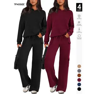 Women's Waffle Knit Loungewear Set, Hooded Sweatshirt & Wide Leg Cargo Pants, Casual Comfy Tracksuit for Fall Winter