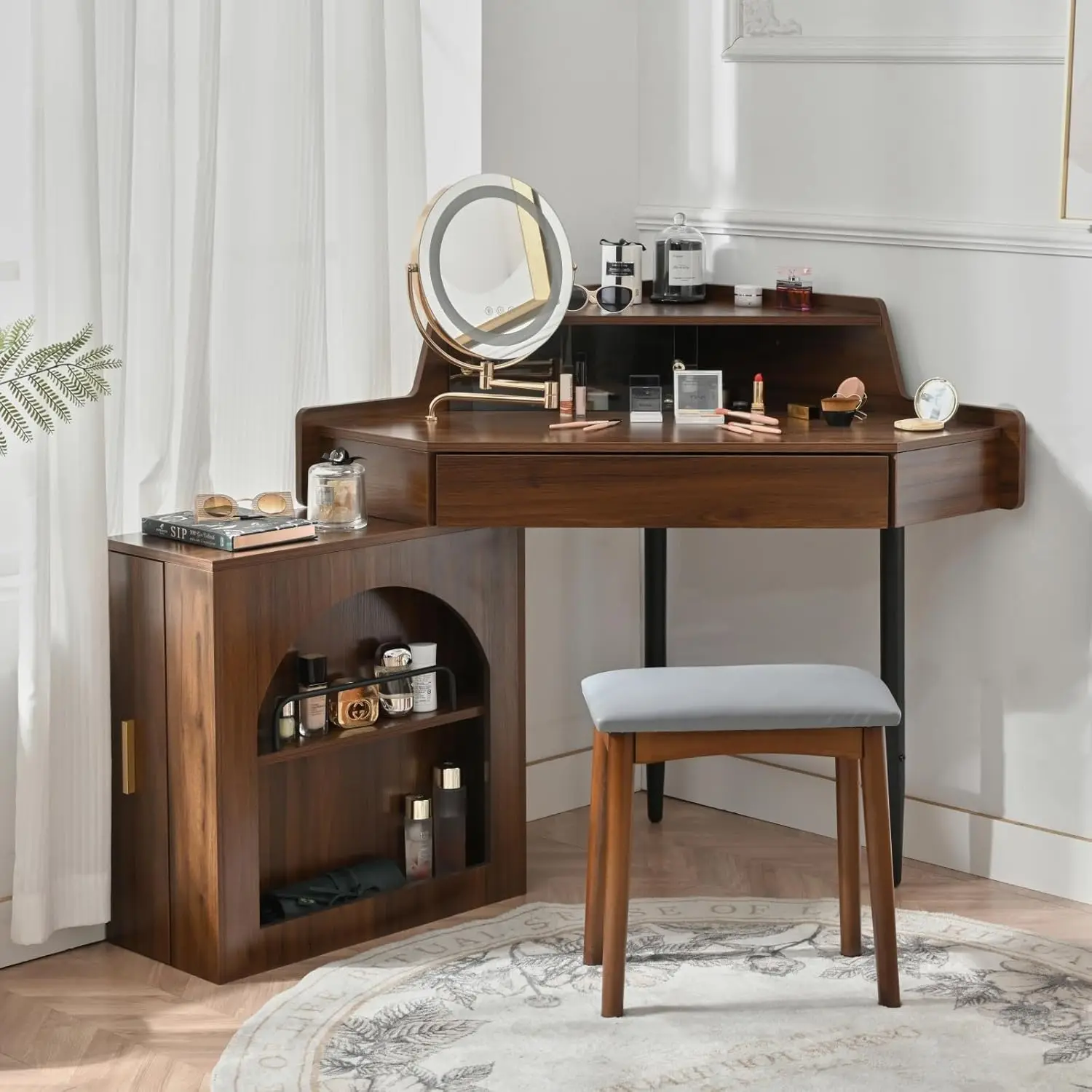 Contemporary Sturdy Walnut Corner Makeup Vanity Furniture Set - Brightness-Adjustable Folding LED Lights Mirror, Soft PU Stool Seat, Large Storage Desk for Small Spaces, Home Use, 101.60 lbs