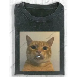 Cute Cat Lover Graphic Tee - Vintage Washed T-Shirt with Ginger Kitten & Gold Teeth Print, Soft Relaxed Fit for Women - Perfect Gift for Cat Owners, Daily Wear & Holiday Vibes