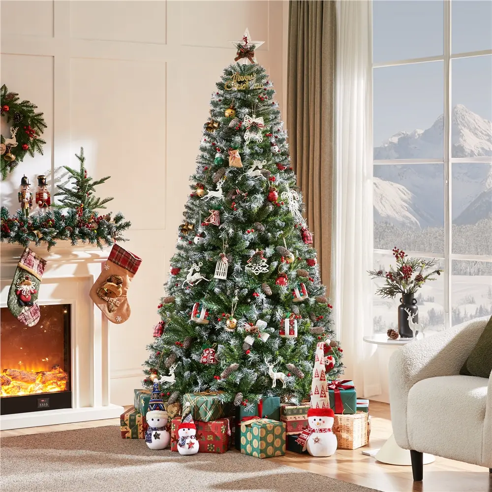 【Pinecones & Holly Berries Included】Yaheetech Classic Pre-lit/ No lights Frosted Artificial Christmas Tree 6FT/7.5FT Green PVC Powder-coated Steel Festive & Hassle-Free Design