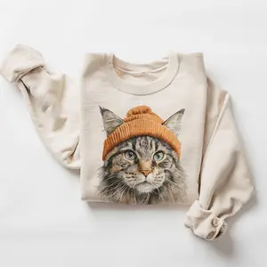 Women's Long Sleeve Casual Hoodie - Retro Maine Coon Cat in Beanie Vintage Kitty Design, Cotton-Polyester Blend, Unisex Sweatshirt DICH #2356