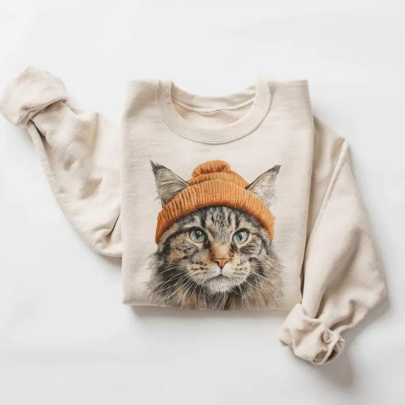 Women's Long Sleeve Casual Hoodie - Retro Maine Coon Cat in Beanie Vintage Kitty Design, Cotton-Polyester Blend, Unisex Sweatshirt DICH #2356