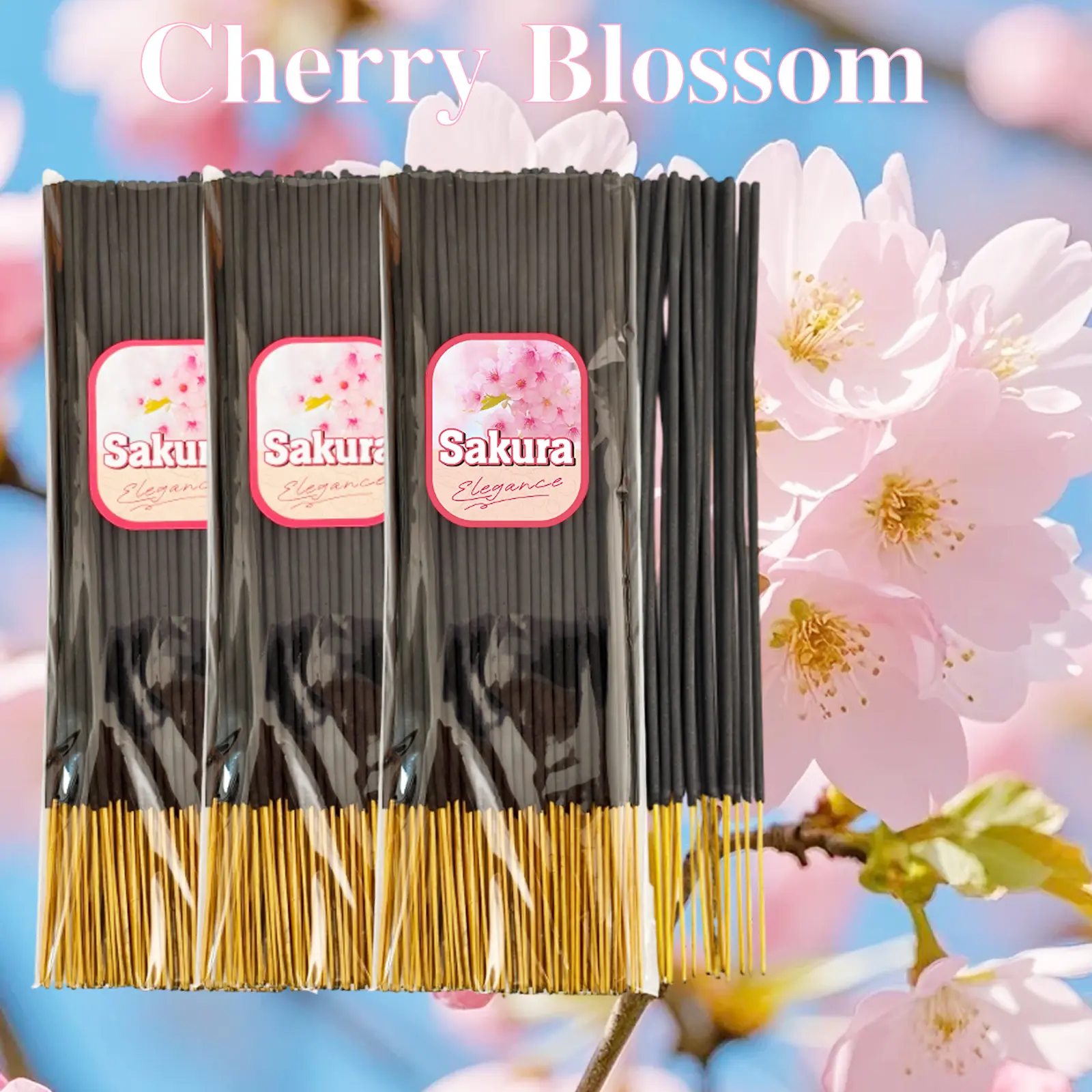 Cherry Blossom Scent Incense Sticks 25cm Black & Gold Bamboo Base Relaxing Odor Removing Aroma Incense Multi-Count Packs