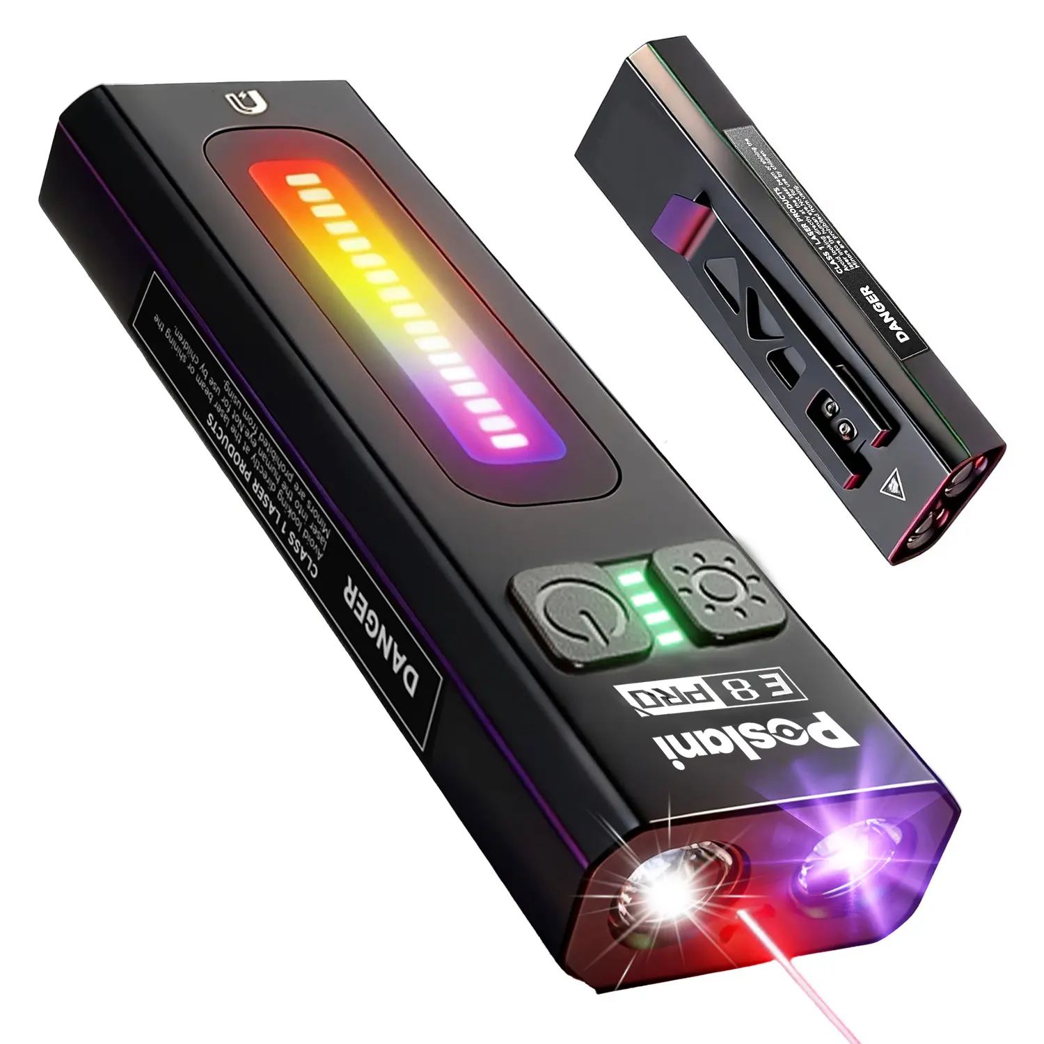 Poslani E8 EDC Flashlight, 1500 Lumens 5-in-1 Multi-Light LED Flashlights with Laser Red & UV Light, USB-C Rechargeable, Magnetic Tail Clip, Side Flood &RGB Light, Battery Indicator outdoorfun,campinggear,work tool