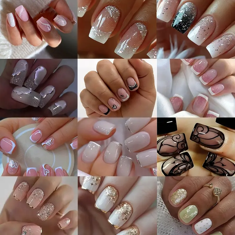288pcs Short Square French Gold Glitter Press-On Nails, Perfect Fit False Nail Set, Easy to Wear, Ideal for Parties, Dancing, Daily Use, Handmade Press On, Glittering Fake Nails