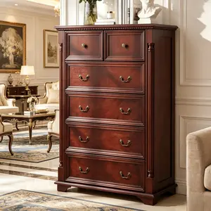 Mid-Century Walnut Dresser for Bedroom, 48" Tall 6-Drawer Wood Chest of Drawers, Vintage Traditional Storage Organizer with Roman Column, Antique Brass Handles & Bracket Feet