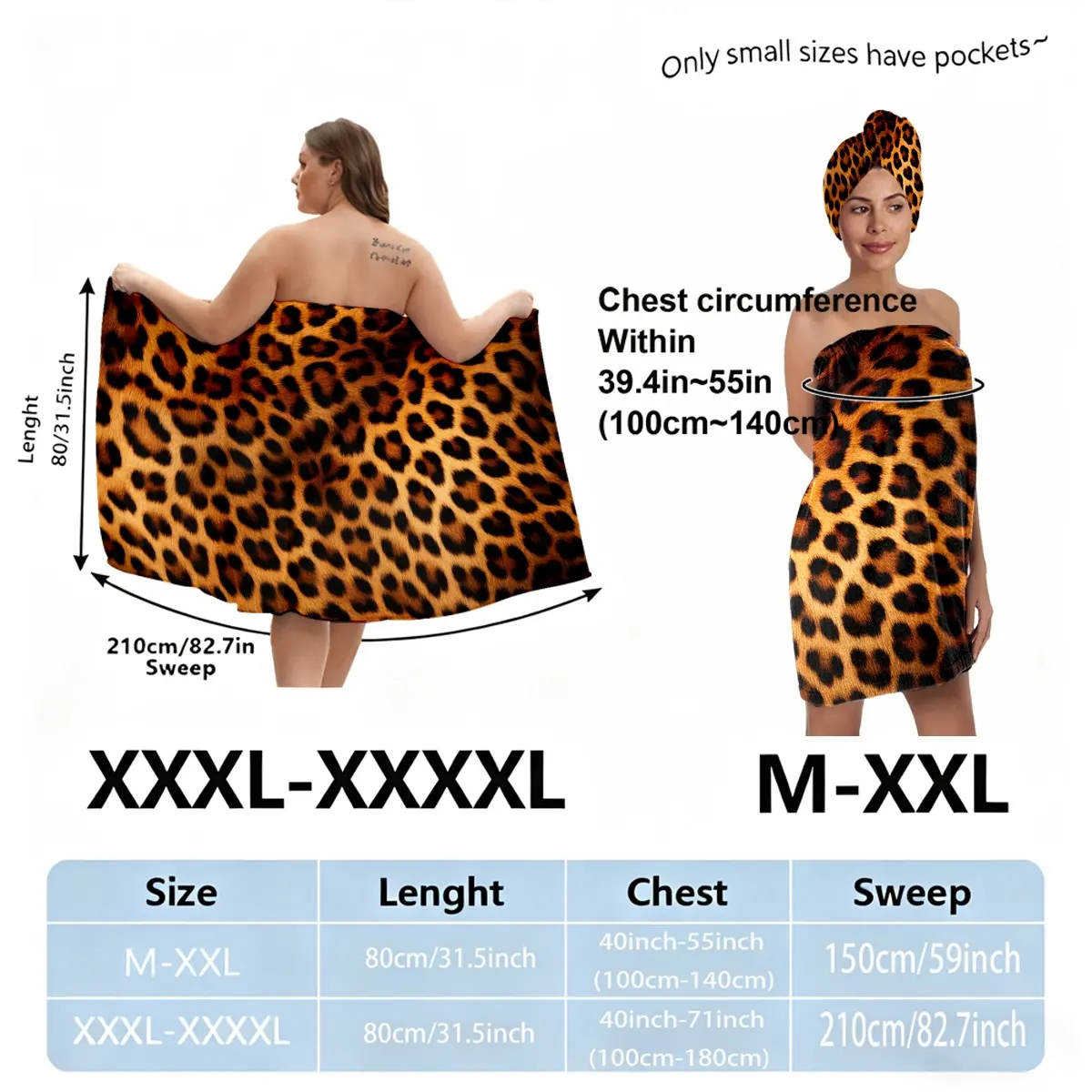 Plus size leopard print bathrobe set (M-XXXXL) Lightweight, suitable for women, as well as for use after showering, spas, and swimming pools. A must-have Essential for home and travel.