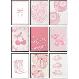 9pcs/set Pink Bows Wall Art Set of 9,Trendy Coquette Preppy Artistic Wall Decor Paintings,Disco Ball Girly Aesthetic Room Posters Prints Pictures for Girl Room Bedroom Living Room Home Decor Unframed