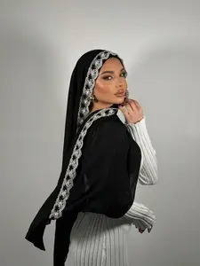 Women's Jersey Modal Lace Eyelet Embroidered Modest Hijab Scarf, Elegant Boho Style Long Shawl, Breathable Beachwear Accessory