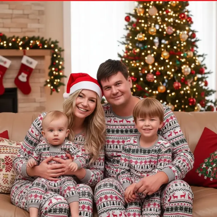 Women's Long-Sleeve Round Neck Polyester Family Matching Christmas-New Year Pajama Set, Simple Color Print Clothes for Parents & Kids (Including Babies) - Women's Clothes