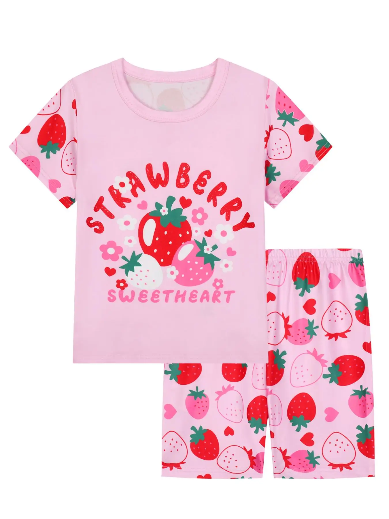 Girl's Cartoon Strawberry Print Tee & Short Pyjama Set, Casual Comfy Round Neck Short Sleeve T-shirt & Shorts PJ Set, Kids Sleepwear for Summer, Pajam