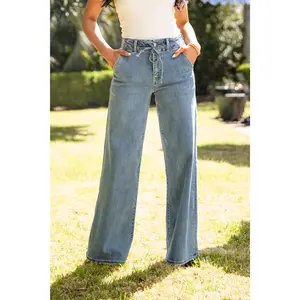 Jesse High Rise Light Wash Tie Waist Palazzo Jeans