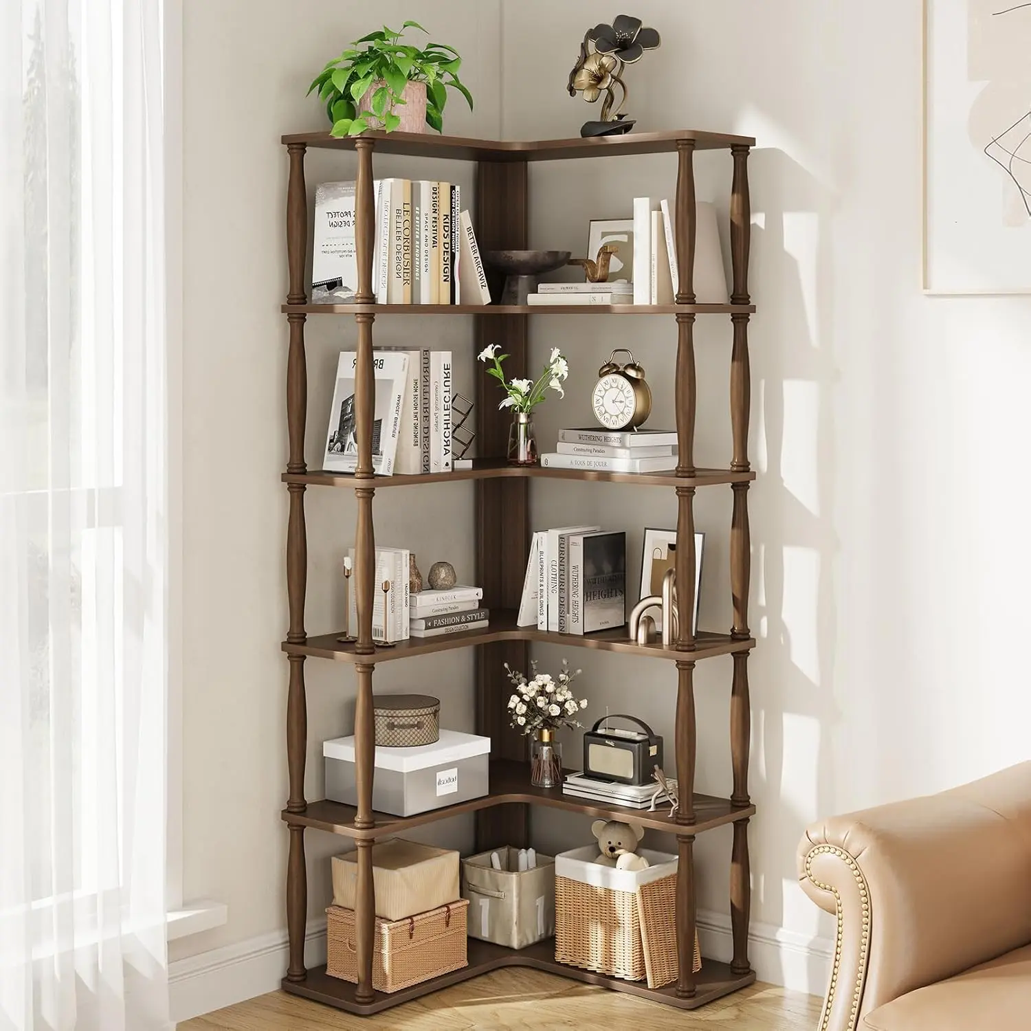 6-Tier L-Shaped Corner Bookshelf with Solid Wood Posts, Vintage American Display Storage Living Room Furniture for Books, Collectibles, Home Office Use